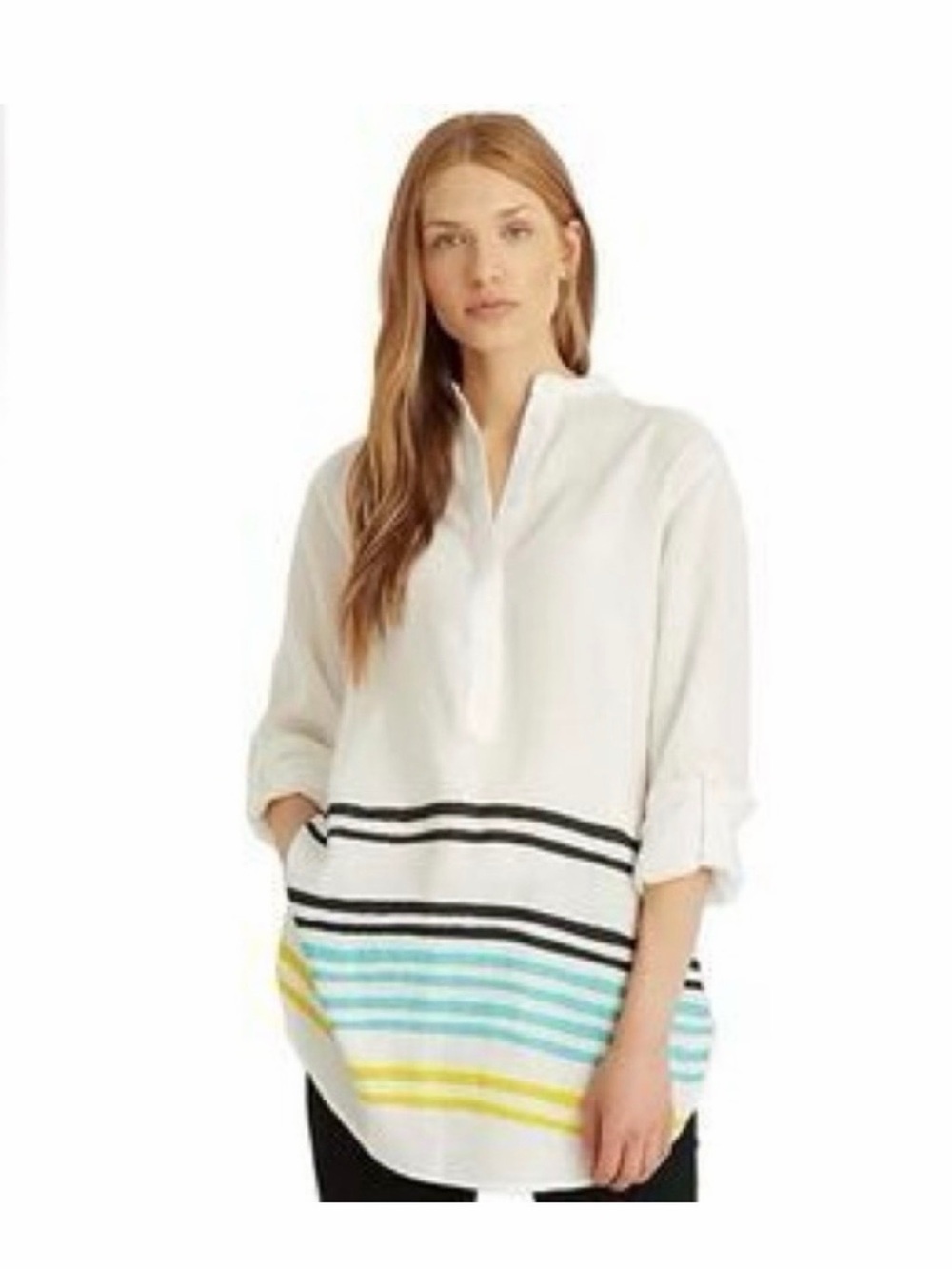 Lauren Ralph Lauren White Tunic Blouse with Black, Blue and Yellow Stripes